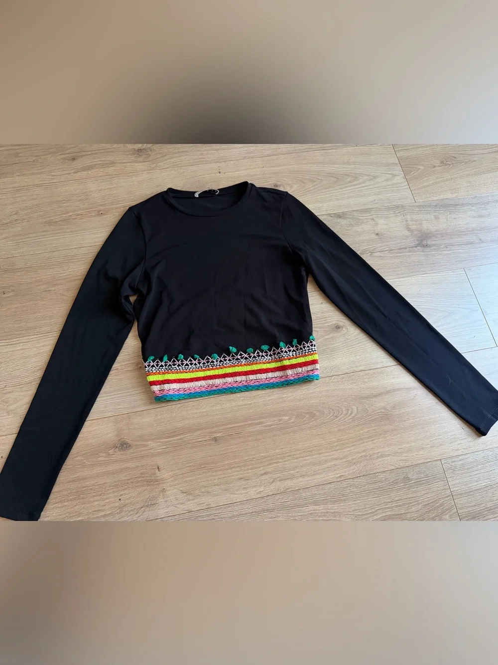 Alice + Olivia Delaina Embroidered Black Multicolor Long Sleeve Top